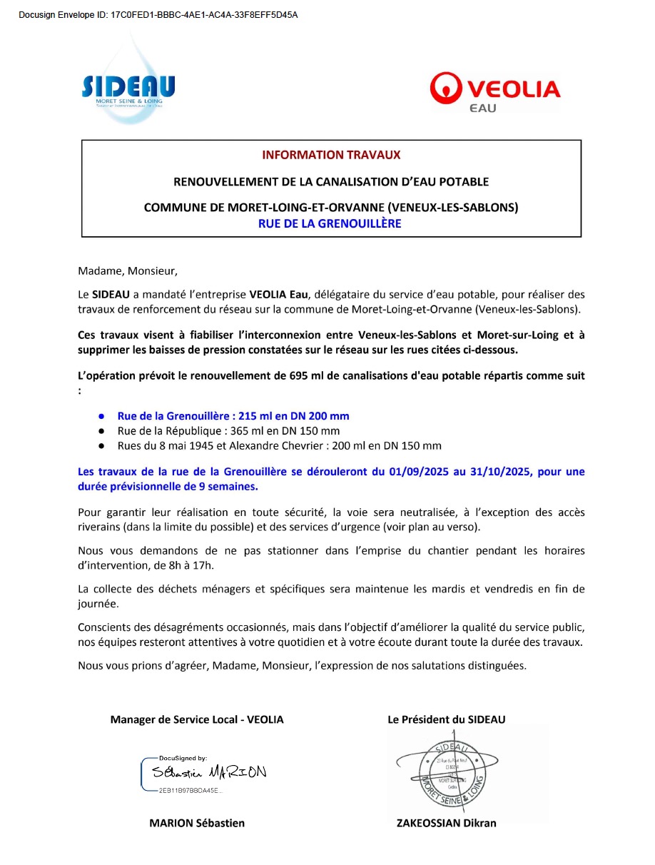 Renouvellement de la canalisation d'eau potable - Veneux-les-Sablons
